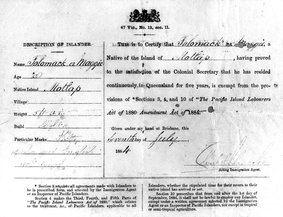 Certificate of exemption of Tolomack 1884 