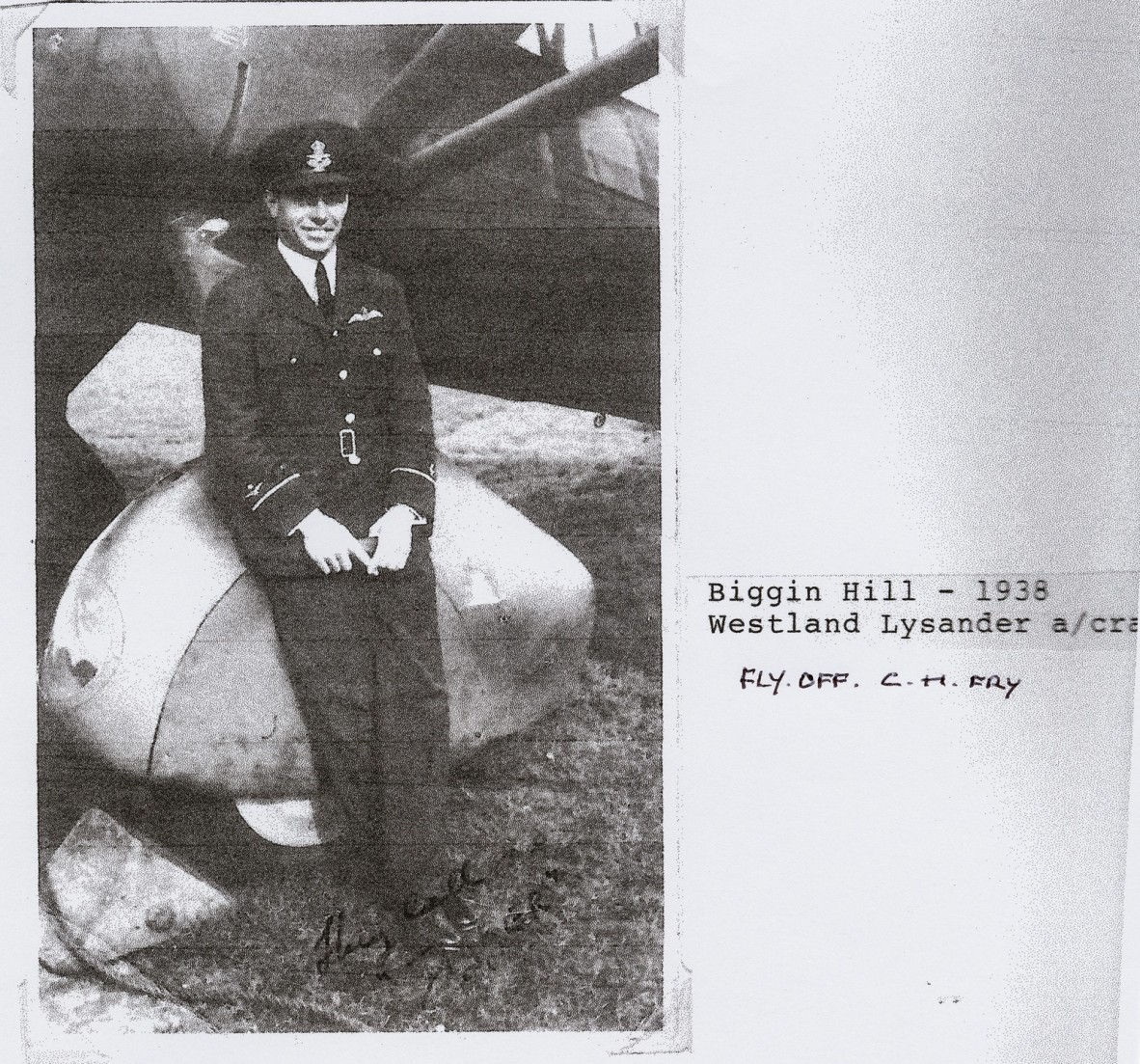 Charles Fry at Biggin Hill standing in front of a Westland Lysander aircraft 1938
