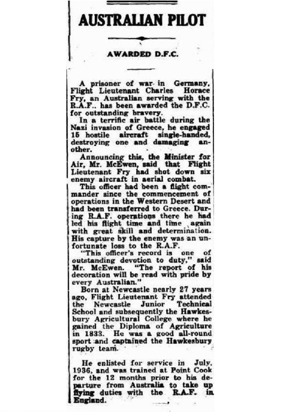Article from the Albany Advertiser 11 September 1941 titled Australian pilot awarded DFC