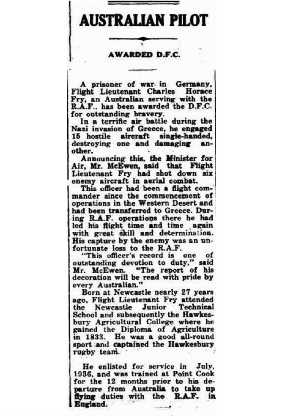 Article from the Albany Advertiser, 11 September 1941, titled Australian pilot awarded DFC