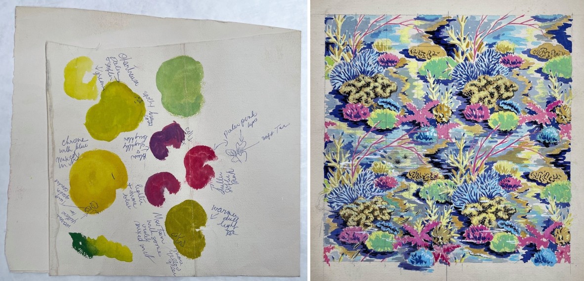 Left: Annotated paint colour chart, undated; Right: Watercolour and gouache sketch for 'Barrier Reef Corals' design, undated. Both by Olive Ashworth.