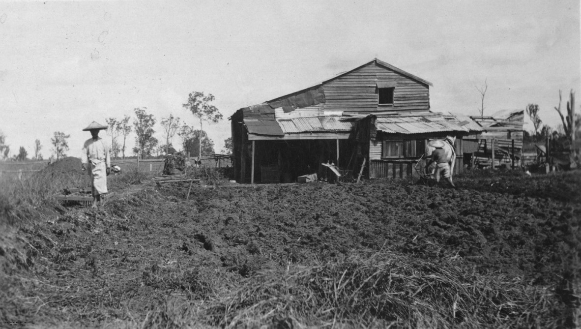 A ploughed field with two workers and a shed
