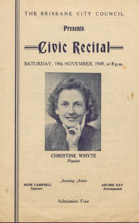 Brisbane City Council Civic Recital program cover with Christine Whyte as solo pianist, 19 November 1949.  