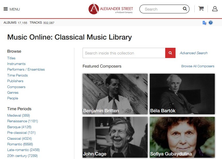 Image of Music Online Classical Music Library database home page