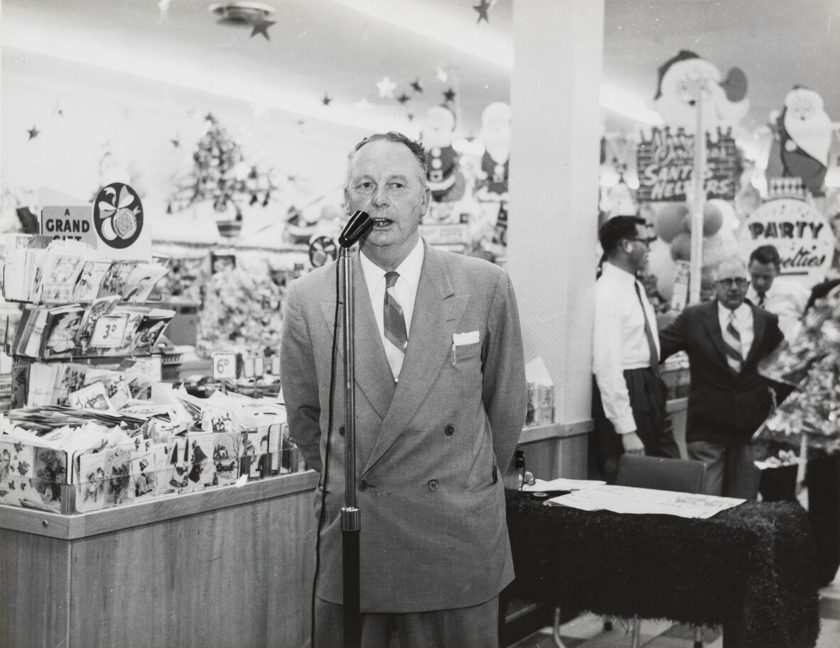 Claude Fraser speaking at the opening of the Cash and Carry store at Moorooka, 1956