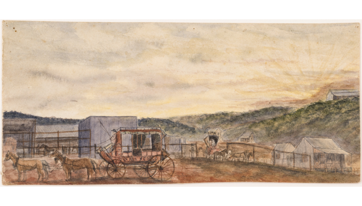 Watercolour painting by Cecil Edward Search, showing the Croydon and Cloncurry Cobb and Co. coach leaving the stable at Normanton. There are green hills in the background and the sun is rising.