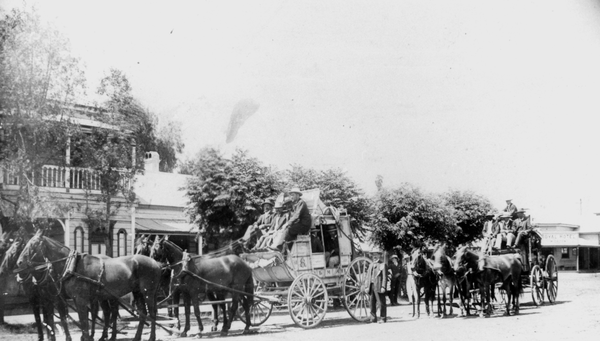 Photograph of Cobb and Co. coaches in Charleville, around 1906