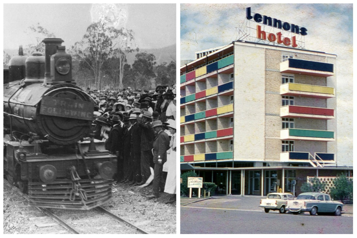 Two images - a crowd gathered at the edge of the railway as a train passes and a colour photograph of the exterior of Lennons Hotel, Gold Coast