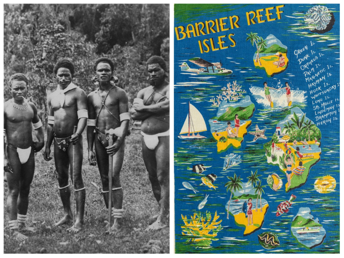Left - A group of four Australian South Sea Islander men from the 1880s. Right - a colourful Great Barrier Reef tea towel