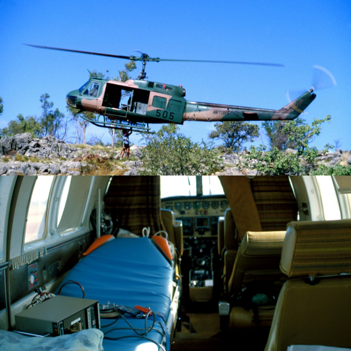 Split image of an army helicopter collecting rocks and the inside of a Royal Flying Doctor aircraft 