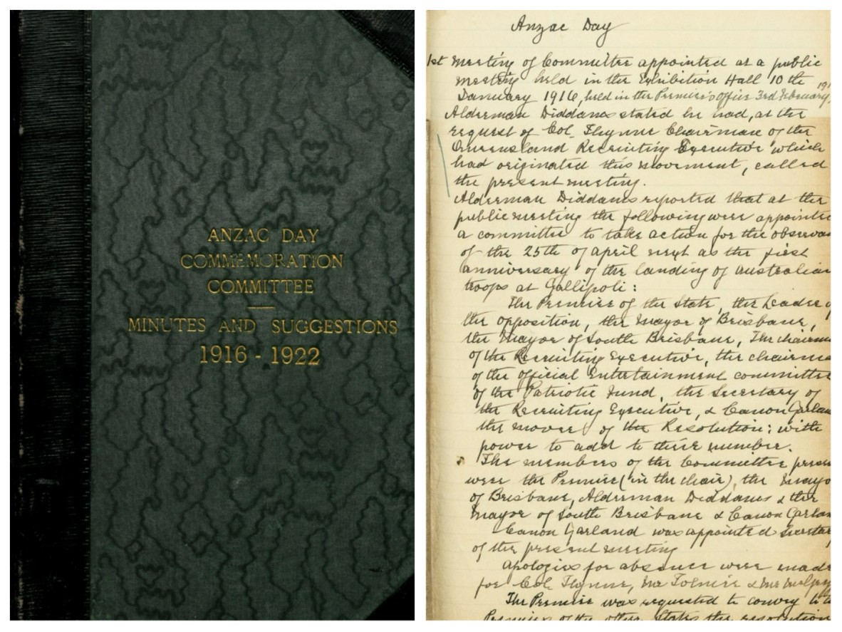 Cover of the first minute book of the Anzac Day Commemoration Committee