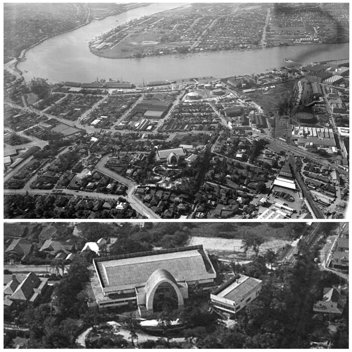 Aerial view of Brisbane showing Newstead and Bulimba 1954