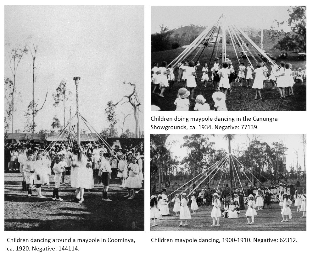 Three photographs of maypole dancing held at State Library of Queensland