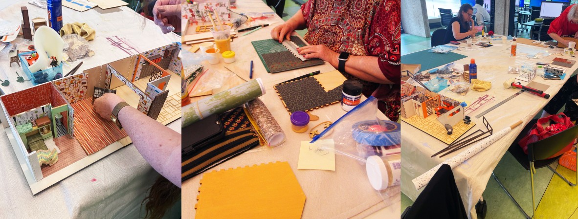 A collage of photos showing different workshop attendees painting and creating their mid century modern miniature book nooks.