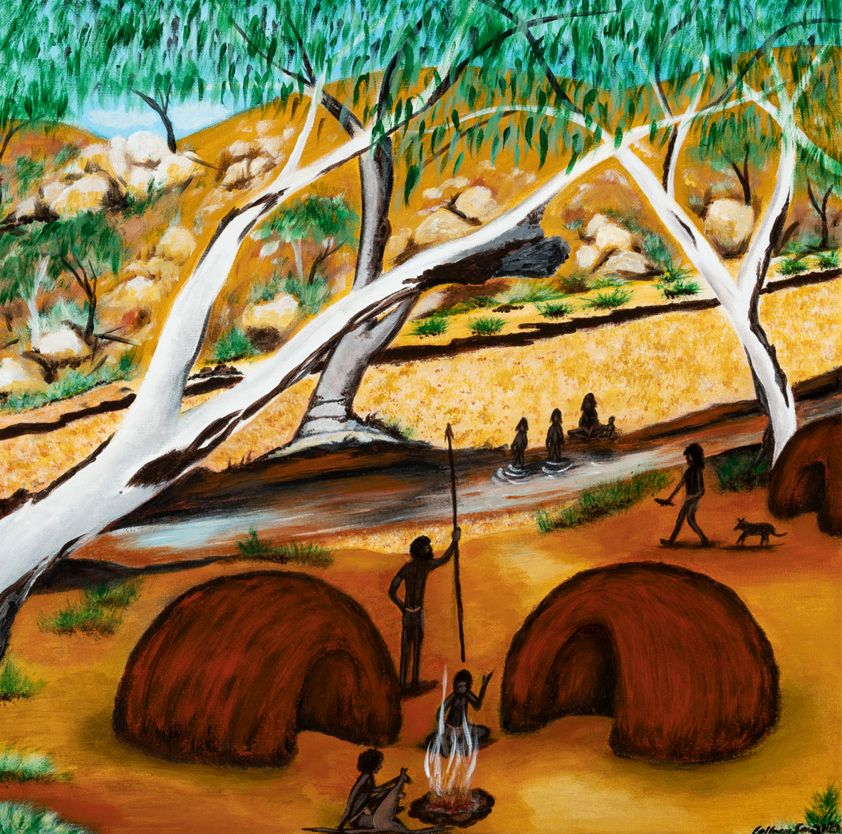 Painting by Colleen Sam (Kalkadoon/Kalkadunga) woman of traditional (Kalkadunga) life, acrylic on canvas.