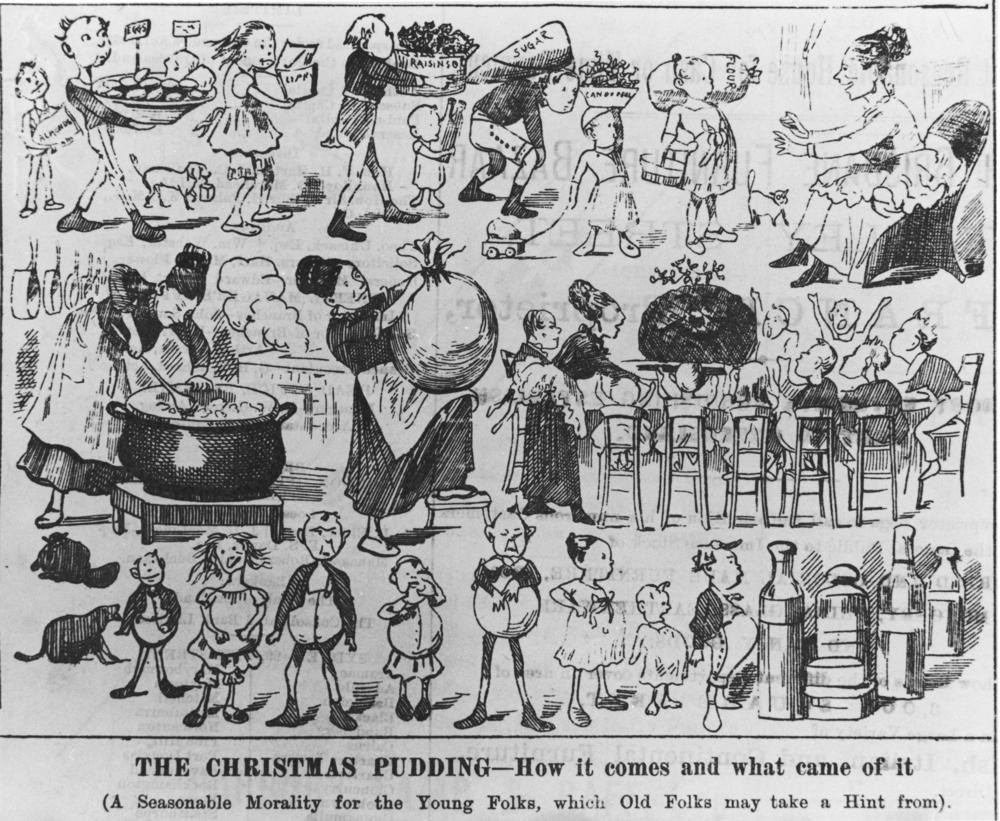 Christmas pudding cartoon in the 1884 Christmas edition of The Figaro showing many caricatures