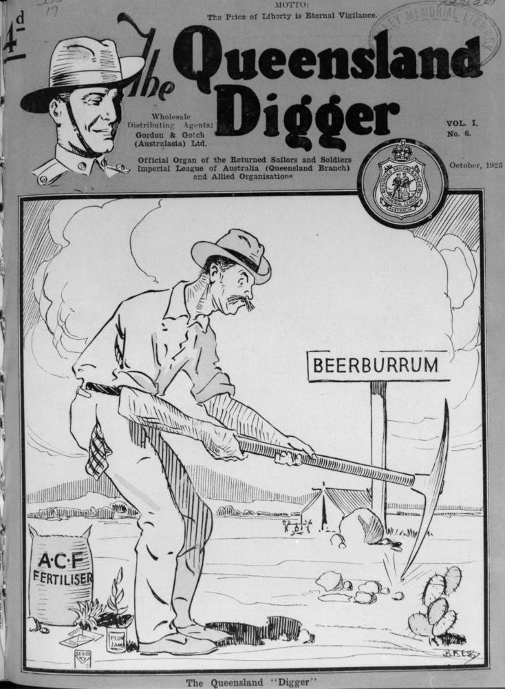 Front cover of The Queensland Digger October 1925 with a drawing of a farmer working in the field at Beerburrum