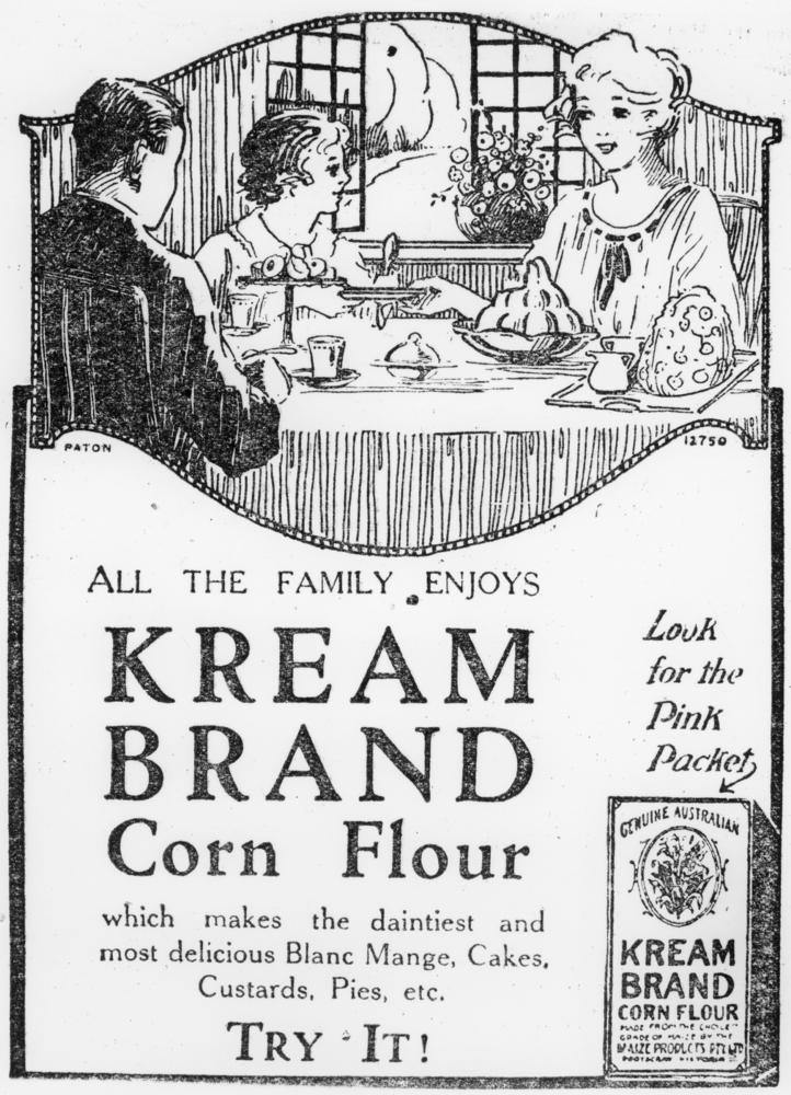 Advertisement for Kream Brand Corn Flour showing a family of three sitting at the dinner table