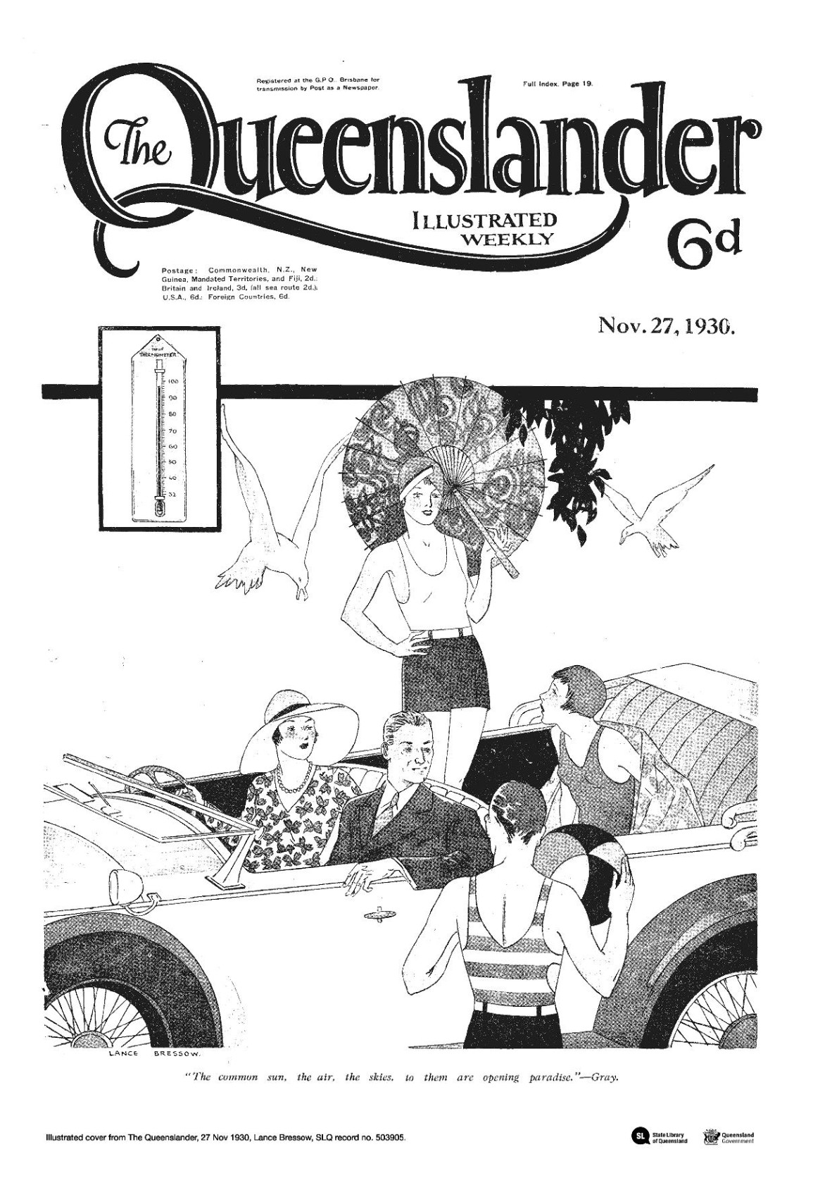 Front page cover of Illustrated Cover from The Queenslander 27 Nov 1930 The cover has a drawing one man and three ladies in a car and another person sanding outside the car holding a beach ball 