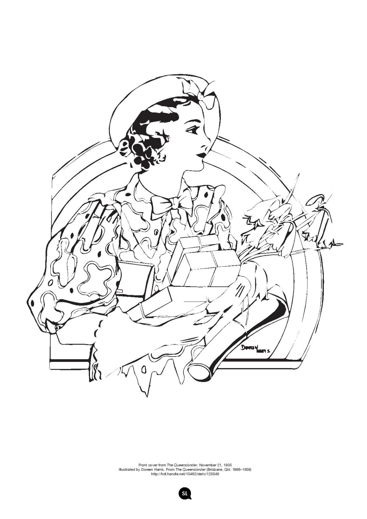 Drawing of a lady hearing a hat blouse and gloves holding several small gift boxes 