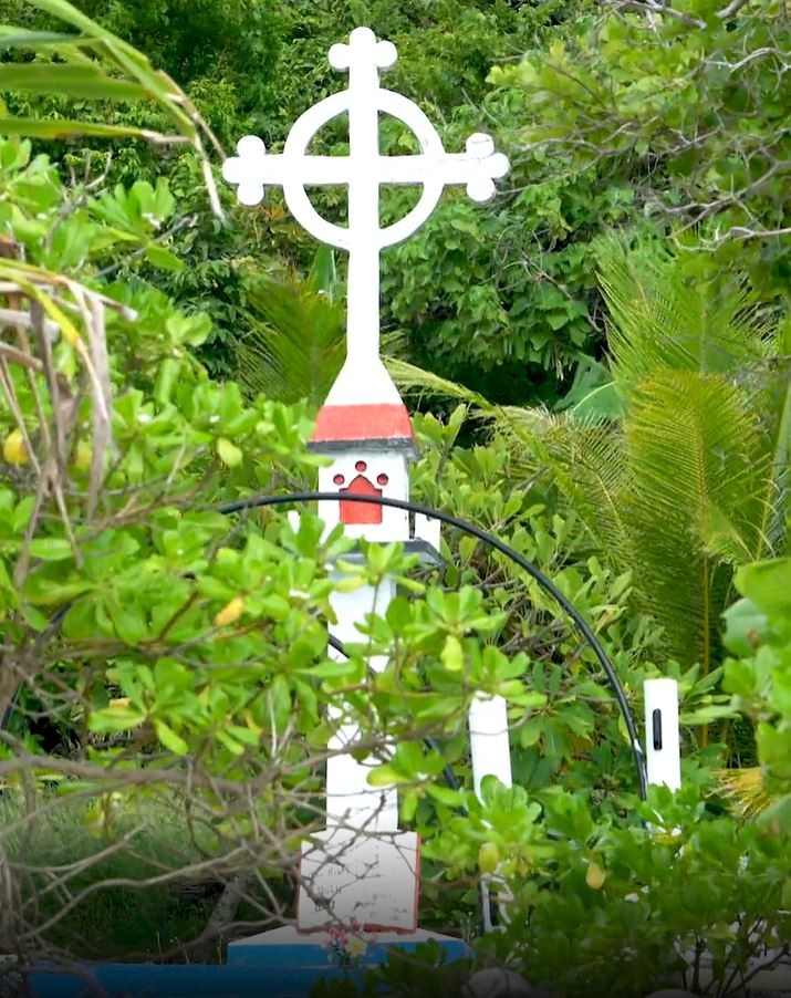 The cross symbolising the arrival of Christianity on Erub Island filmed for the exhibition, Islands: hidden histories of Queensland islands. 2018.