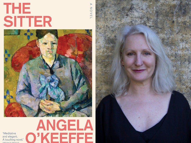 Cover of The Sitter which shows a Cezanne painting, plus a headshot of author Angela O'Keeffe