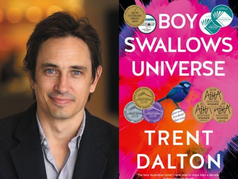 Composite photo of Trent Dalton in a shirt and blazer plus his book Boy Swallows Universe which is pink red and purple