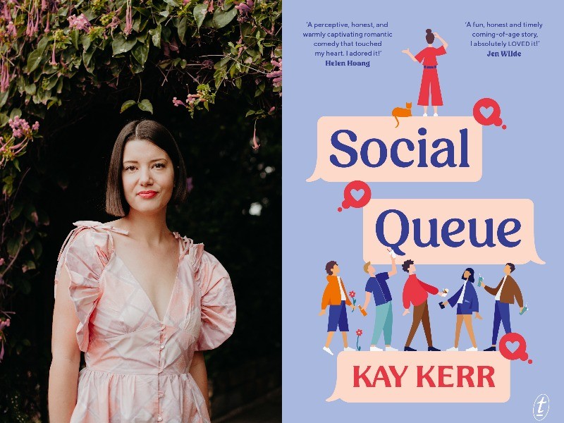 Composite image of Kay Kerr standing in a pink dress beneath an archway of pink flowers, plus the cover of her book Social Queue