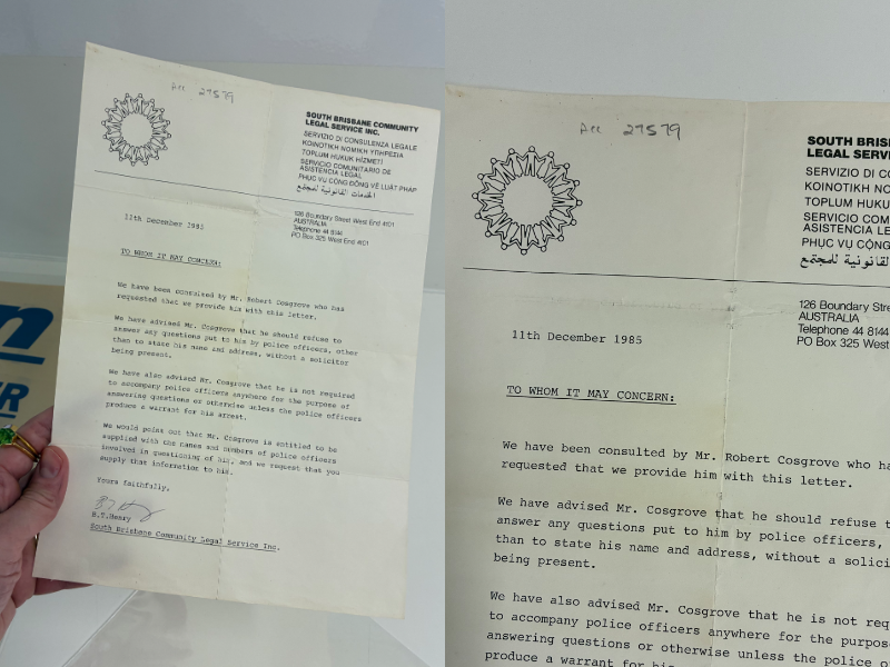 Two images of a typed, legal letter from 1985