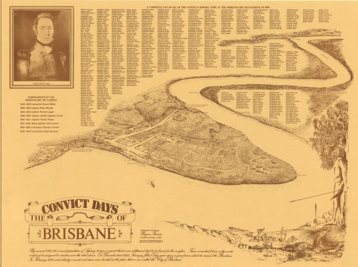 Drawing showing convict settlement at Moreton Bay with a list of Commandants from 1824 to 1842, a complete list of all the convicts serving time at the Moreton Bay settlement in 1828 and an image of Captain Patrick Logan.