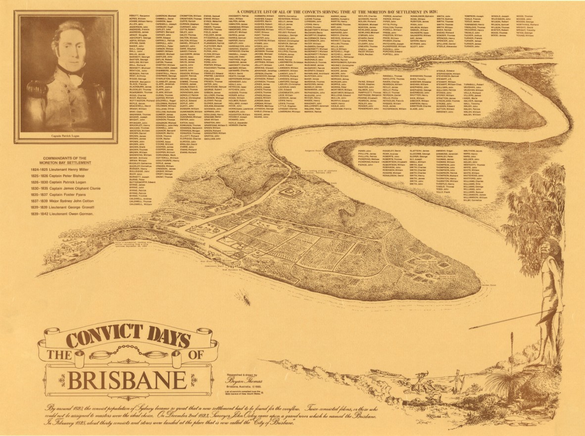 Drawing of Moreton Bay Settlement 1828 with list of convict names and image of Captain Patrick Logan in top left corner