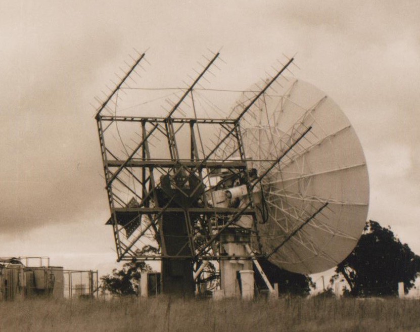 Cooby Creek tracking station phased yagi array with satellite dish in the background