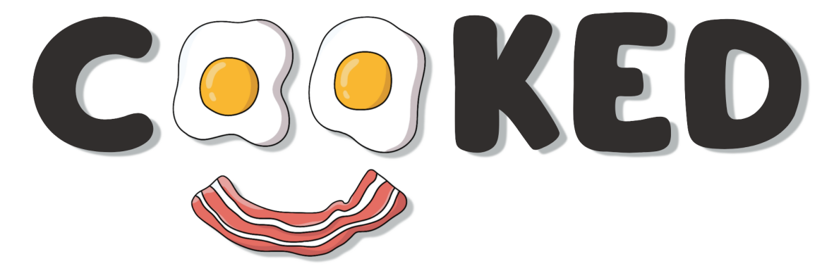 The image is the logo for the game "Cooked." The word "COOKED" is written in large, bold black letters with playful food elements integrated into the design. The two "O"s in "COOKED" are represented by sunny-side-up eggs, with the bright yellow yolks standing out in the center. Beneath the "O"s, there's a smiling strip of bacon, adding a whimsical touch that gives the impression of a happy face. The overall design is fun and lighthearted, reflecting the playful theme of the game.