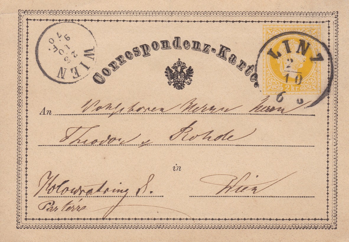 The first postcard (Correspondenz-Karte) of Austria since 1 October 1869. 