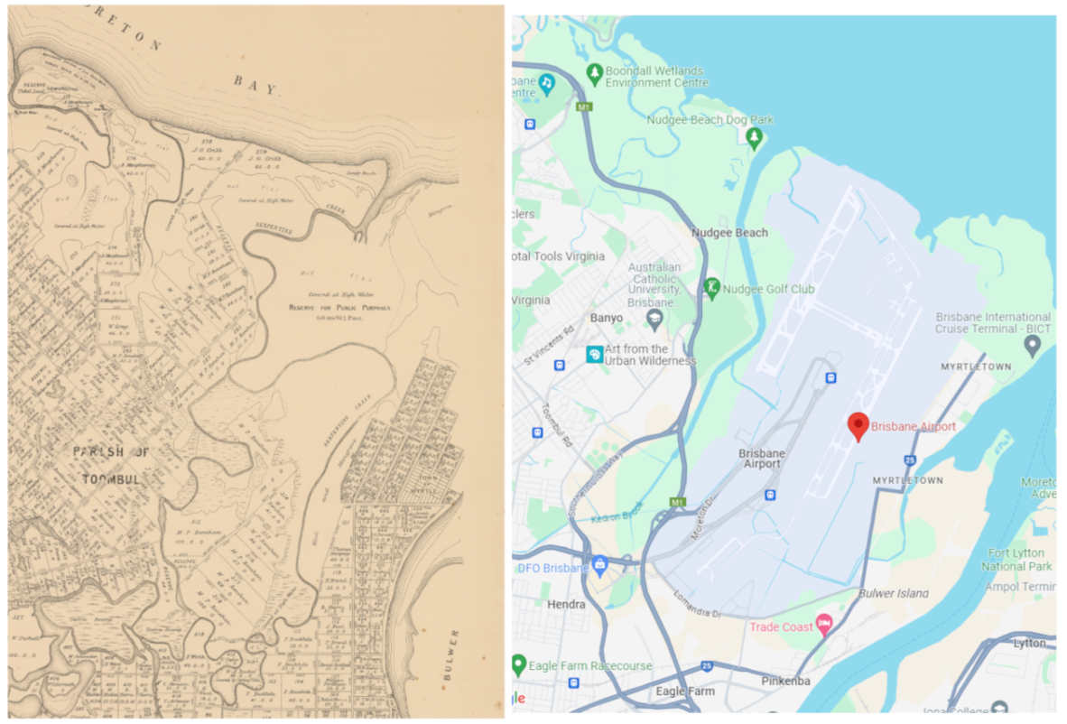 Map of Parish of Toombul from 1885 showing the suburb of Crib Island and a contemporary map of Brisbane Airport