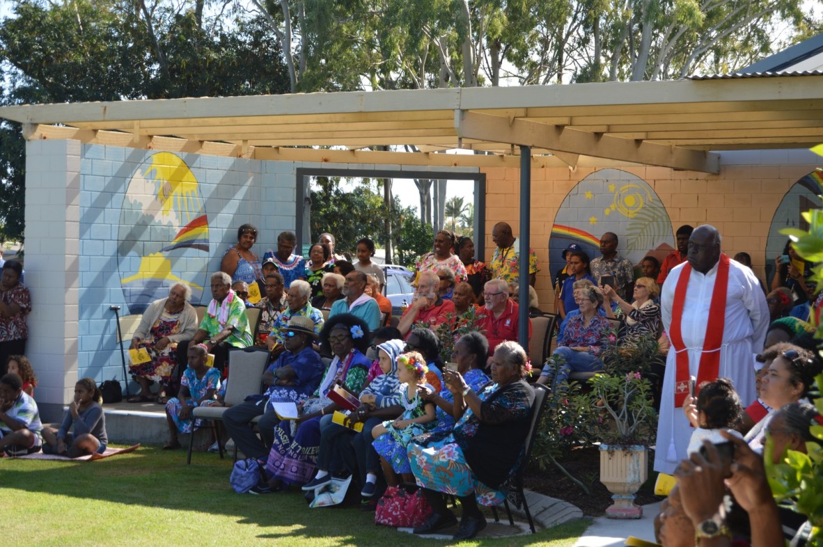 Crowd gathered for part of the ceremony at the Coming of the Light Festival, Erub Island, 1 July 2016.