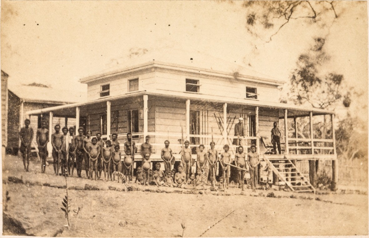 Customs House, Somerset, 1867-1869, depicted with Aboriginal people standing out the front.