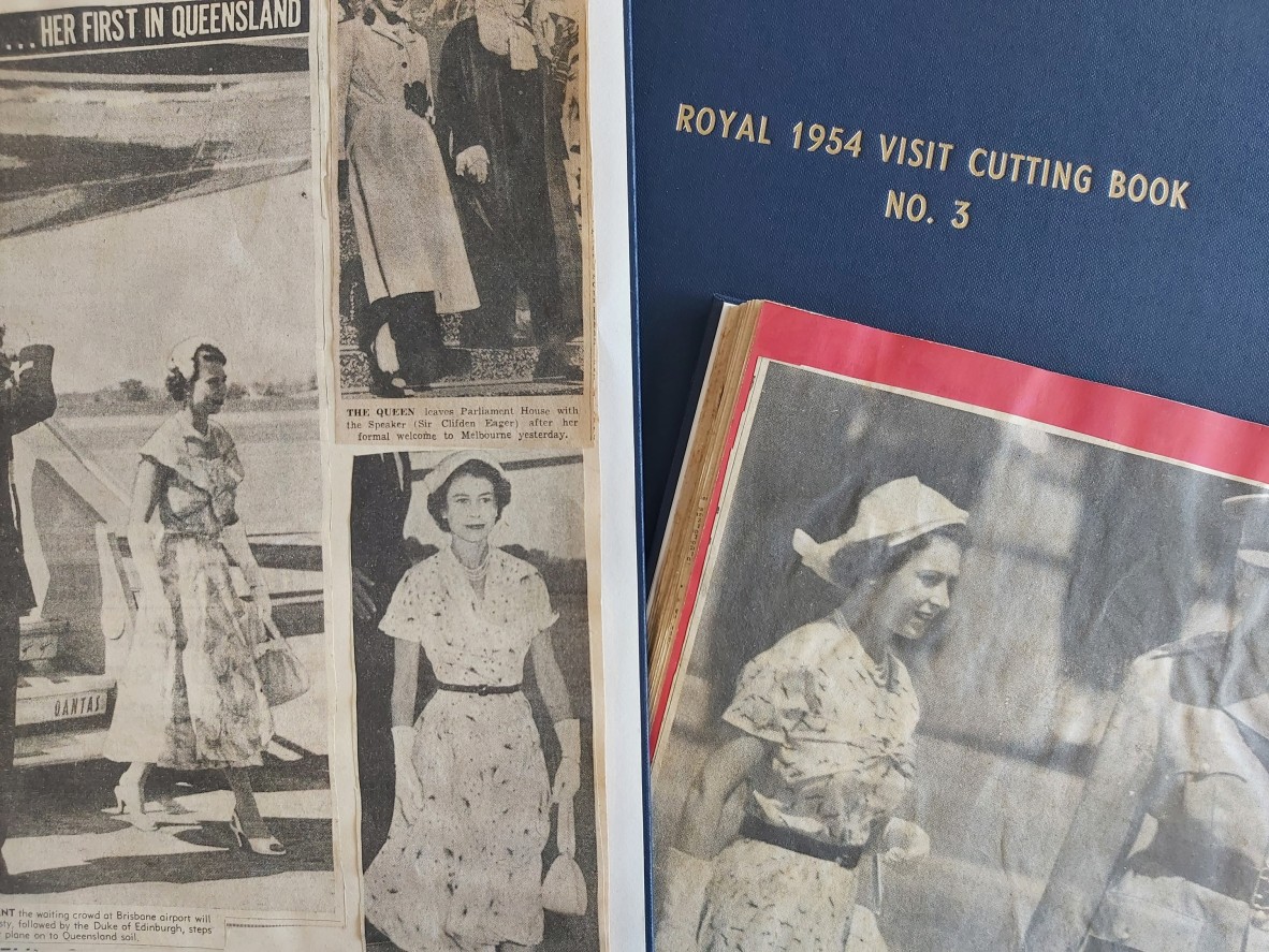 Newspaper cuttings of Queen Elizabeth’s arrival in Brisbane, March 1954