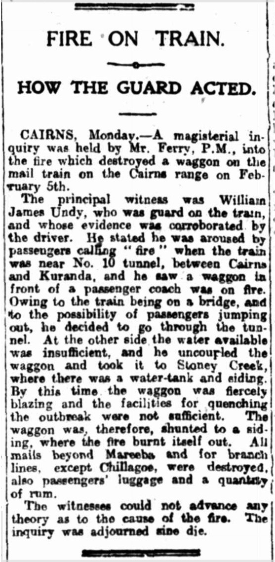 Image of a newspaper article with title "Fire on Train: How the guard acted"