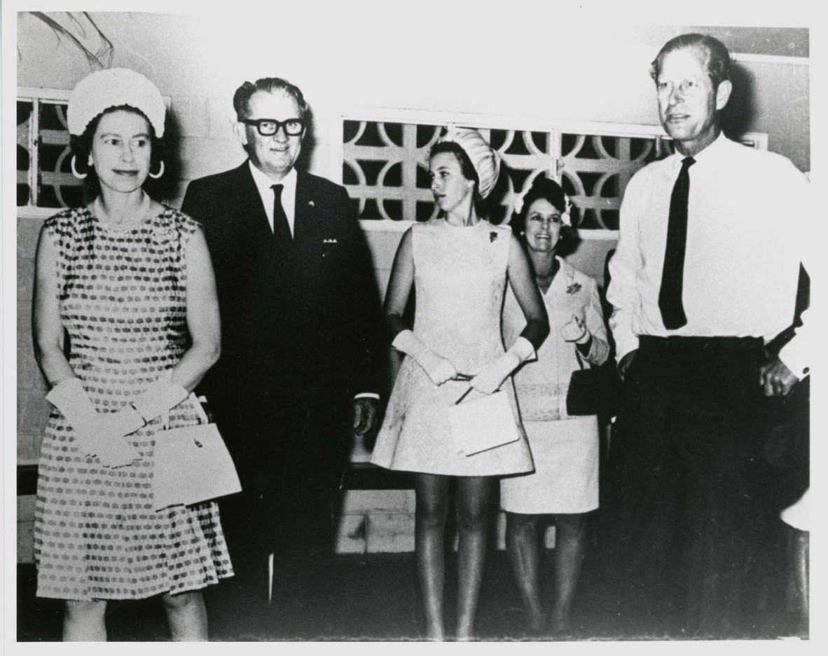 HRH Queen Elizabeth II, HRH Prince Philip, and HRH Princess Anne with former Pioneer Shire Council Chairman Cr. Michael Moohin and wife Beryl. 