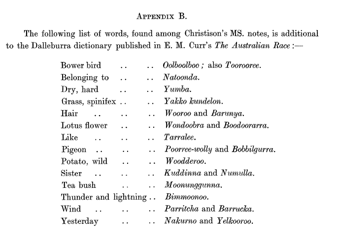 Dalleburra wordlist collated by Mary Montgomerie Bennett (1927).