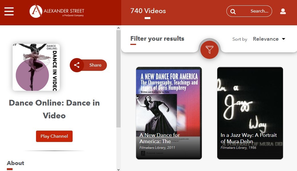 Image of Dance Online Dance in Video database home page