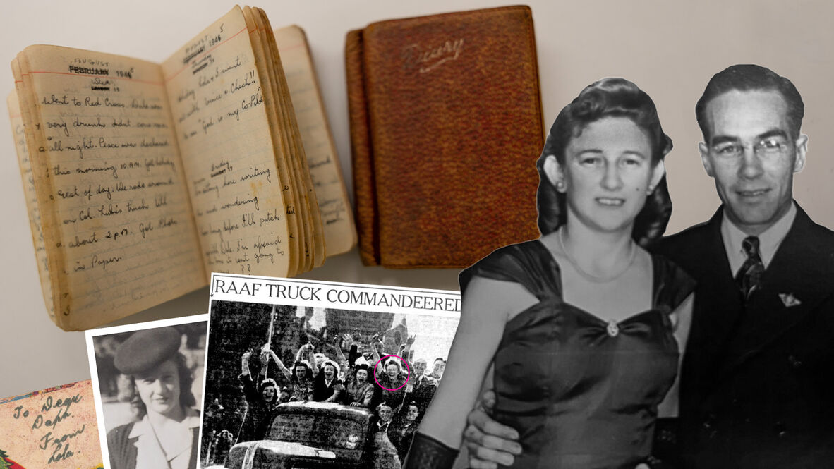 collage of 2 old pocket diaries, couple in evening wear, gift card that says To dear Daph From Lola, image of woman in beret and news clipping with headline RAAF truck commandeered and image of people on a WWII era truck