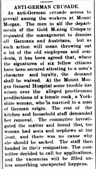 Newspaper item about anti-German sentiment Anti-German Crusade Darling Downs Gazette 27 August 1915 p4