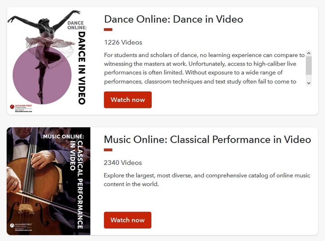 Image of the video databases, Dance Online and Music Online 