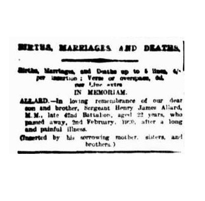 Death notice for Allard - In  Morning Bulletin, Thu 2 Feb 1922, page 1.