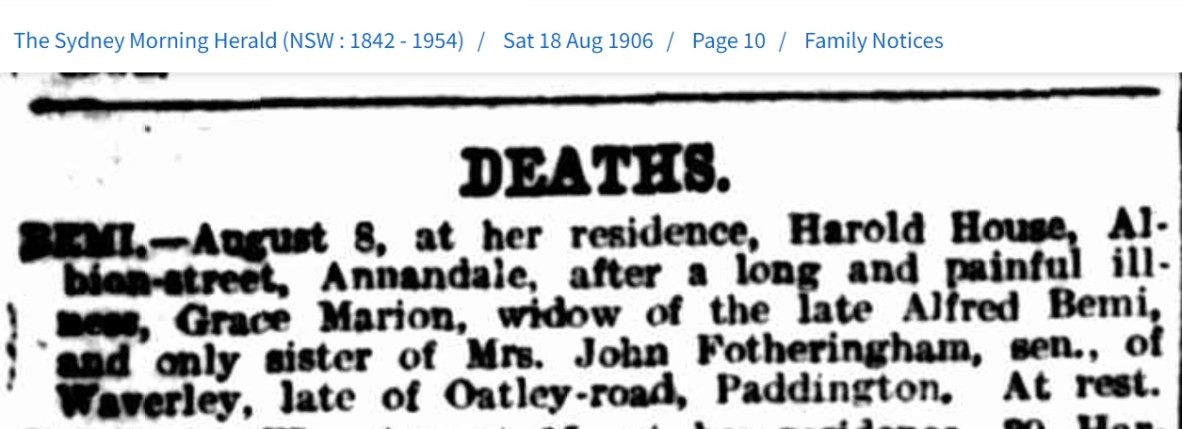 Funeral notice for Grace Marion BEMI from The Sydney Morning Herald, 15 August 1906