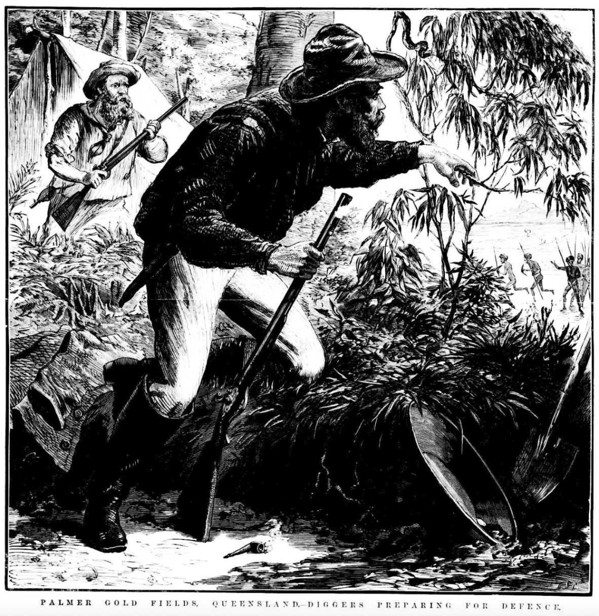Palmer Gold Field, Queensland. Diggers Preparing for Defence. “The Dangers of the Palmer – A Native Attack.” Illustrated Sydney News and New South Wales Agriculturalist and Grazier, 22 Jul. 1876, p. 14