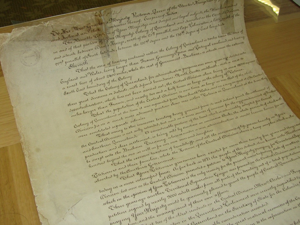 Portion of the original petition sent to Queen Victoria listing the grievances and reasons for separation