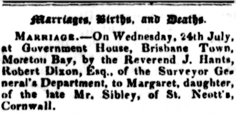 Newspaper notice of marriage of Robert Dixon to Margaret Sibley